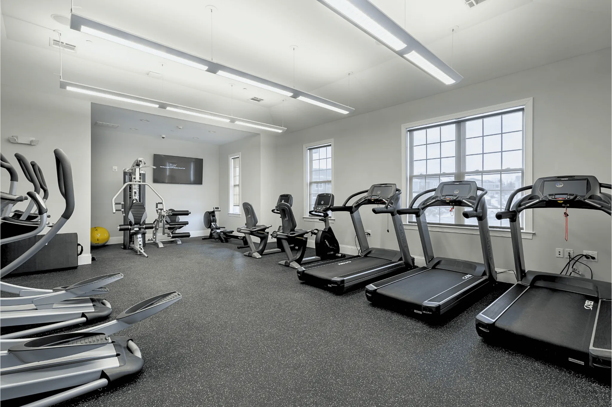 Bright and modern gym with treadmills, elliptical machines, and weight training equipment.