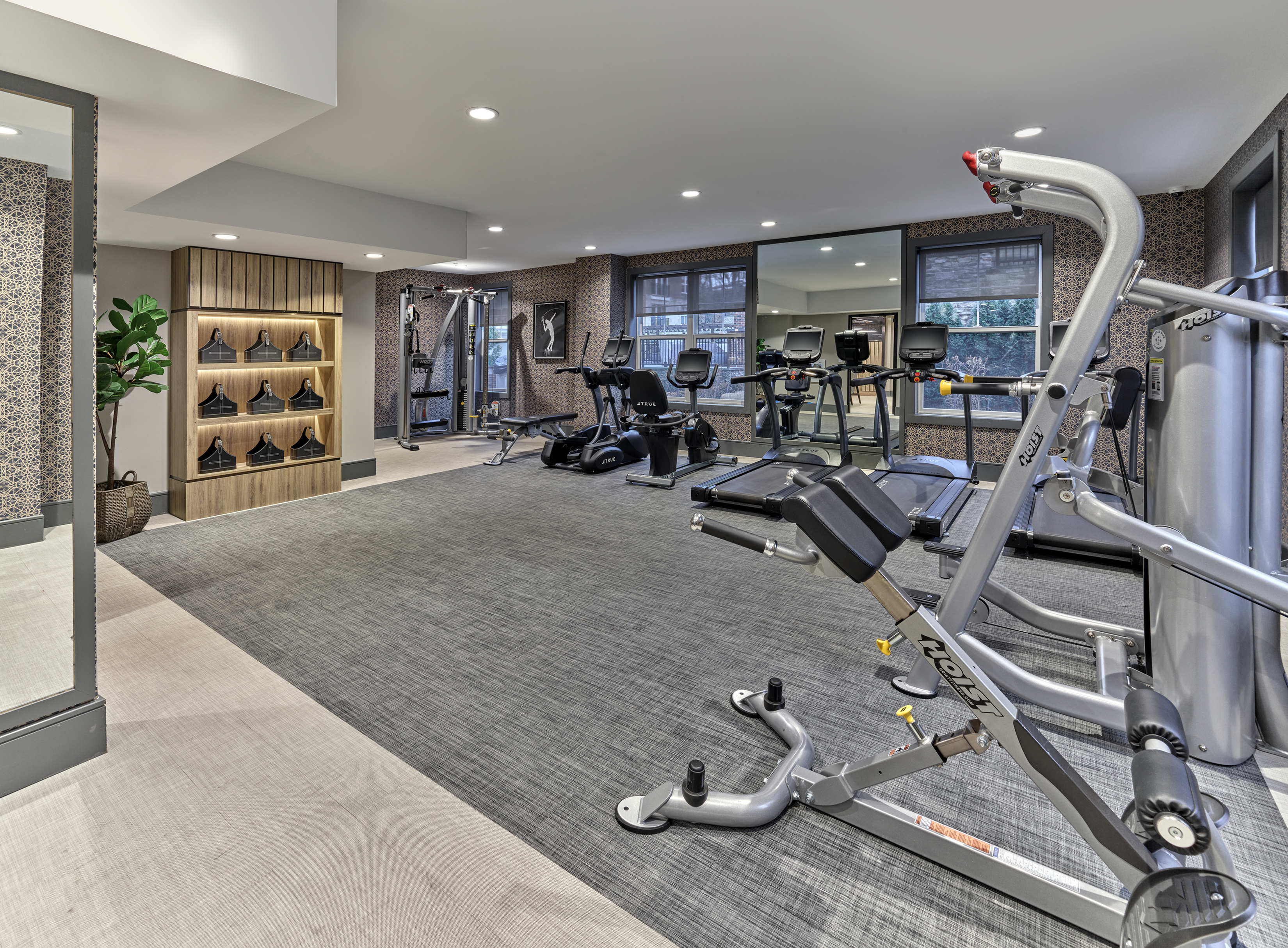 Modern fitness center featuring state-of-the-art exercise equipment, ample natural light, and elegant interior design.