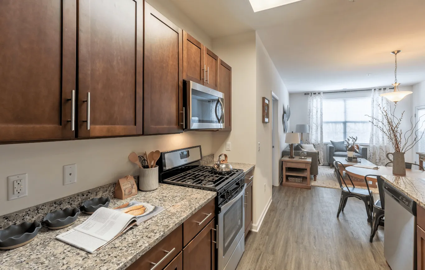 Modern open-concept apartment kitchen with sleek dark wood cabinets, granite countertops, and a cozy adjoining living area with natural light.