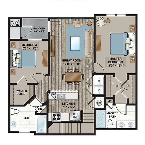 Meadow Ridge luxury Catskill floor plan showcasing 2 bedrooms, 2 baths, a stylish great room, modern kitchen, and balcony for a comfortable living.