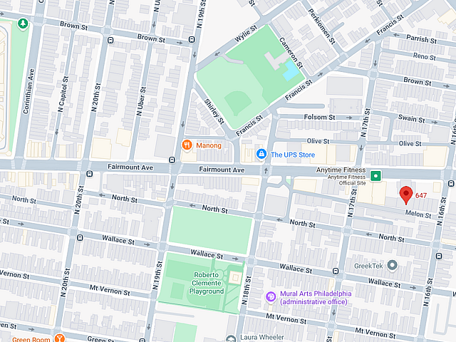 Vibrant neighborhood map highlighting Eastern State Penitentiary and Roberto Clemente Playground, ideal for easy access and a lively atmosphere.