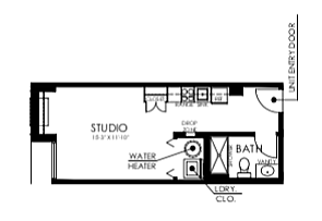 Modern studio apartment floor plan showcasing efficient use of 350 square feet with a spacious studio area, cozy kitchen, and a well-designed bathroom in Philadelphia\'s The Civic.