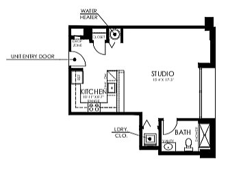 Chic studio apartment floor plan with open kitchen, cozy living area, and modern bath, nestled in The Civic, Philadelphia, 576 sq ft.