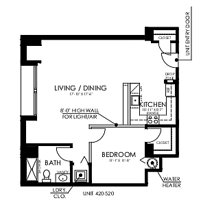 Floor plan of The Civic in Philadelphia featuring a spacious 1 bedroom, 1 bath unit with open living and dining area, alongside a compact studio layout.