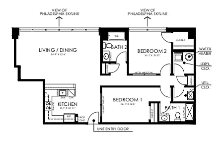 Modern floor plan of The Civic, Philadelphia showcasing 2 bedrooms, 2 baths, and open living/dining area with skyline views, 1164 sq ft.