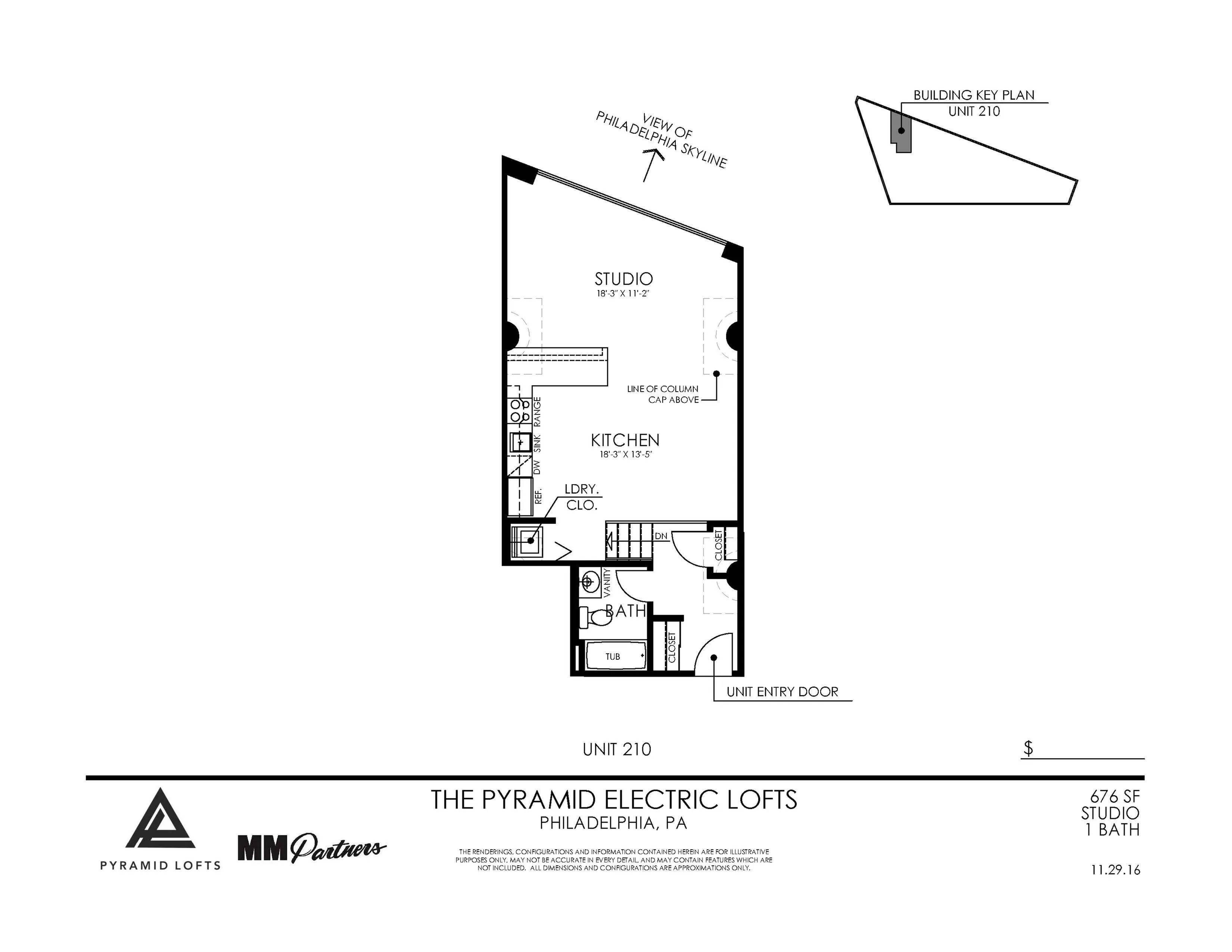Modern studio floor plan at The Pyramid Electric Lofts, featuring a spacious open kitchen, laundry closet, and bathroom, with a view of the Philadelphia skyline.