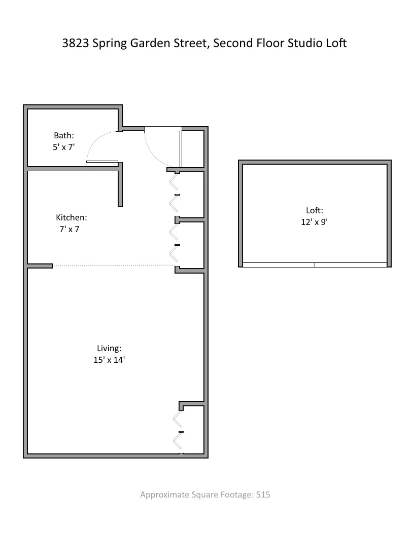 Chic studio loft floor plan at 3823 Spring Garden Street featuring a spacious living area, compact kitchen, and cozy loft space, totaling 515 sq ft.
