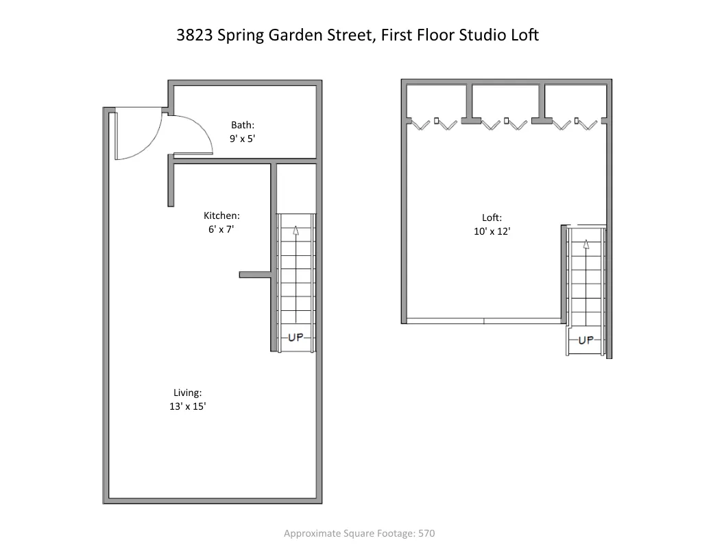Chic studio loft floor plan at 3823 Spring Garden Street showcasing 570 sq ft with a cozy loft, spacious living area, integrated kitchen, and modern bath.