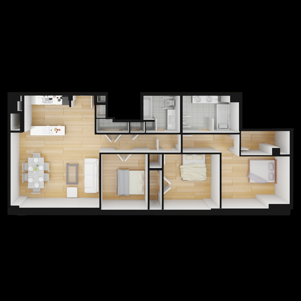 Modern 2D floor plan showcasing three bedrooms, an open-concept kitchen and dining area, and two bathrooms with sleek design.