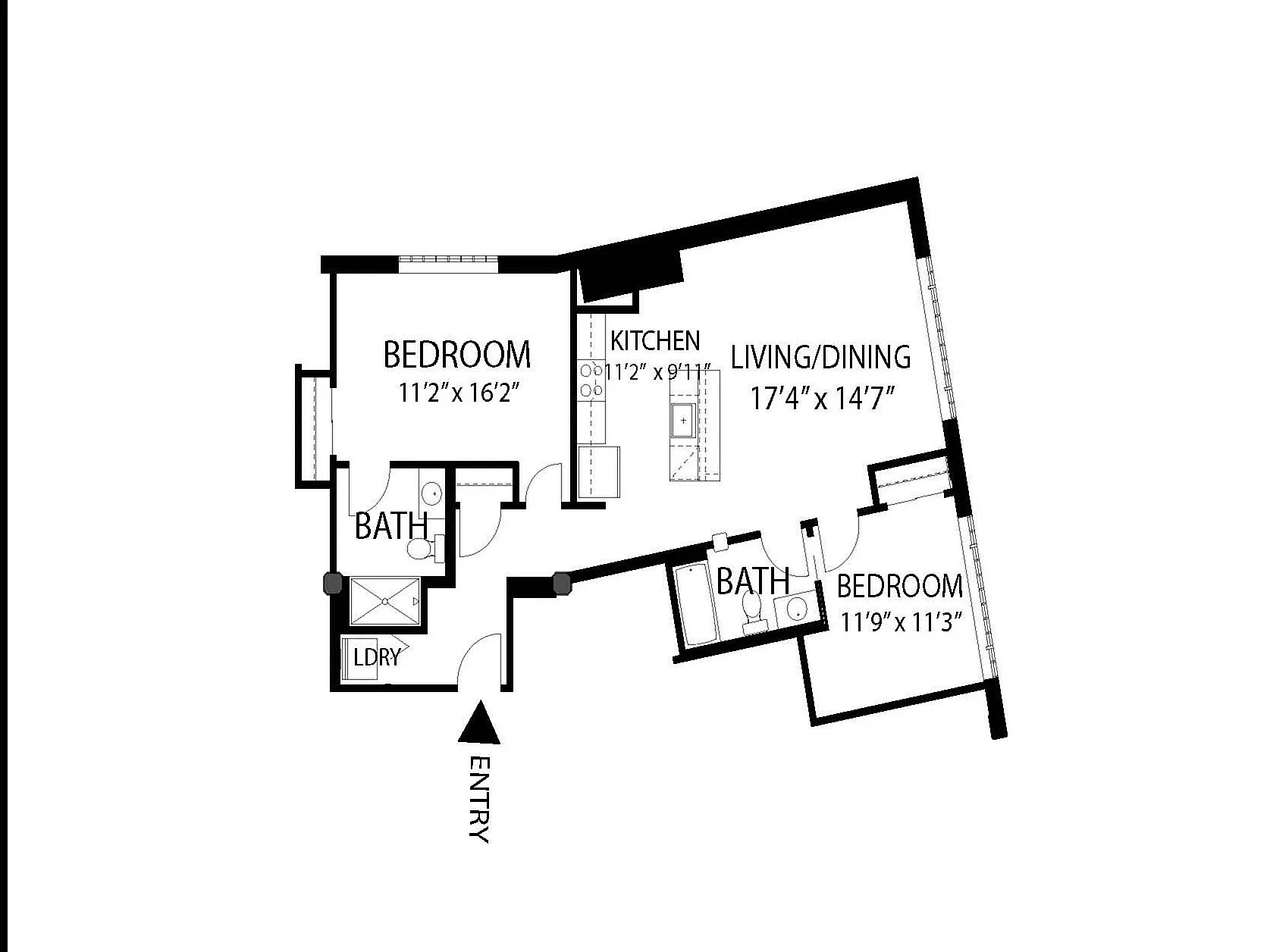 Modern Plymouth Lofts floor plan for Unit 211 featuring 2 bedrooms, 2 bathrooms, spacious living/dining area, and a functional kitchen, spanning 993 square feet.