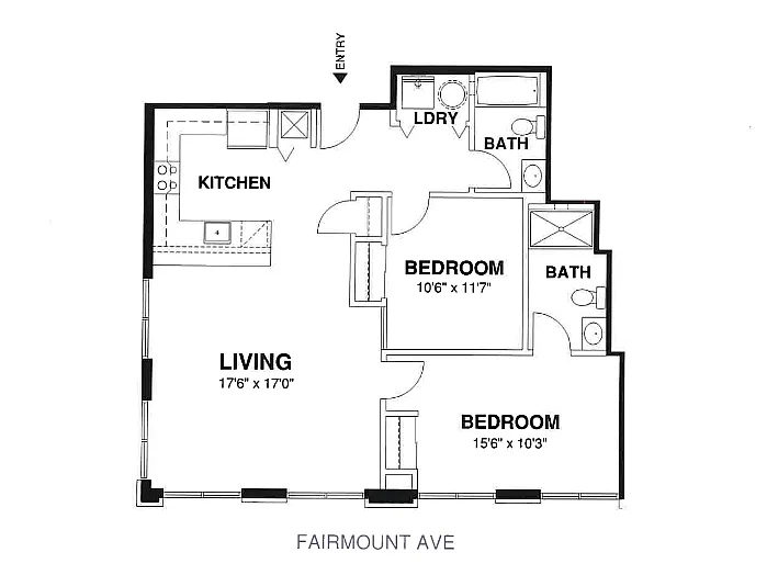 Avenue Flats floor plan for units 201, 301, 401 featuring 2 bedrooms, 2 bathrooms, open-concept living and kitchen area, and laundry space, 1,003 sq ft.