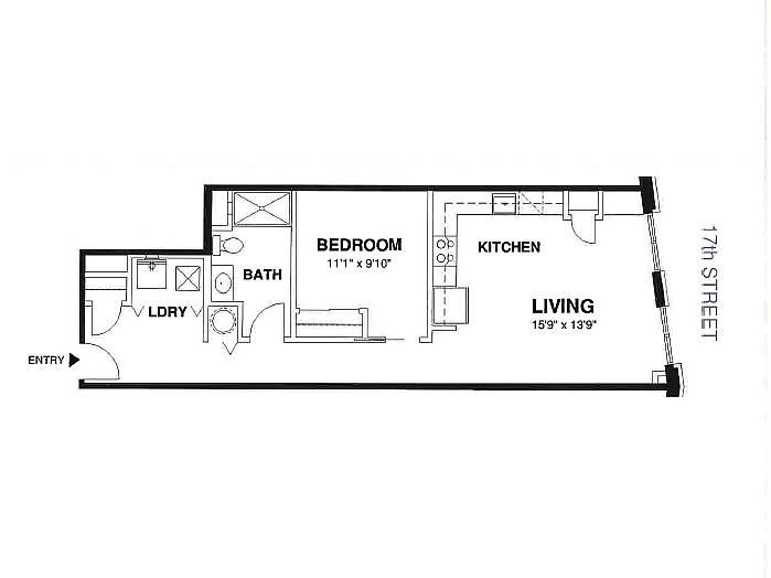 Avenue Flats floor plan showcasing stylish 1-bedroom, 1-bathroom unit with an open-concept kitchen and living area, 711 sq ft, located on 17th Street, Philadelphia.