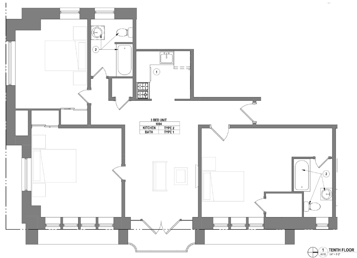 Contemporary 3-bedroom floor plan featuring open living space, modern kitchen, and stylish bathrooms on the tenth floor.
