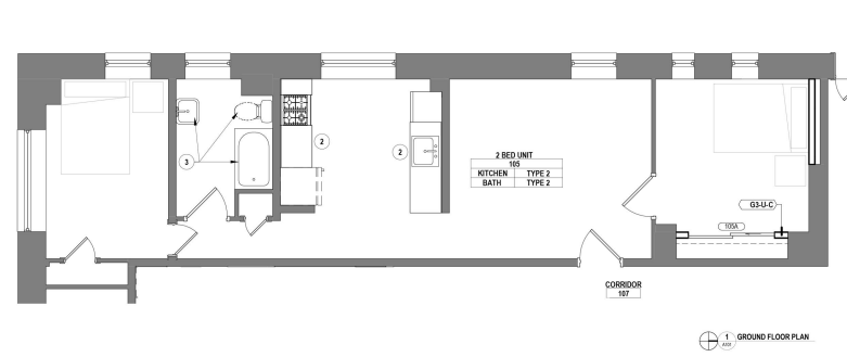 Contemporary floor plan featuring a 2-bedroom unit with open kitchen layout and spacious living area.