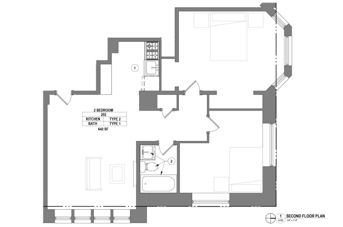 Charming floor plan illustrating a functional layout with 2 bedrooms, modern kitchen, and cozy bath, covering 642 sq ft on the second floor.