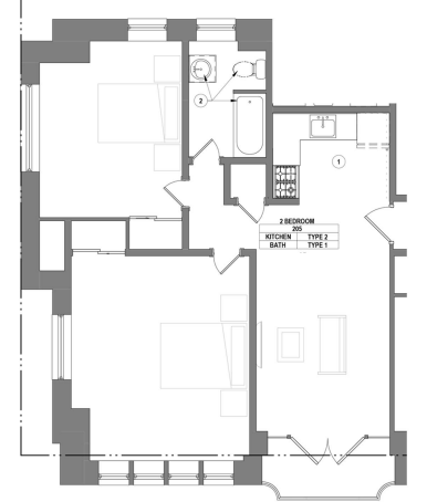 Charming 2D floor plan showcasing 2 bedrooms, a modern kitchen, and a cozy living room layout.