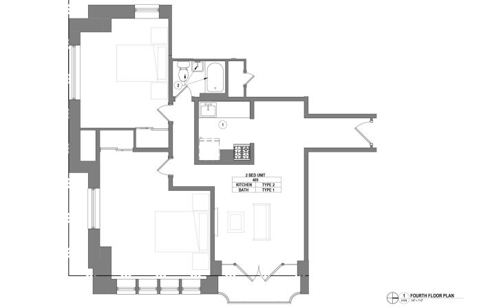 Elegant floor plan showcasing a modern 2-bed, 1-bath unit with a spacious living area and sleek kitchen layout on the fourth floor.