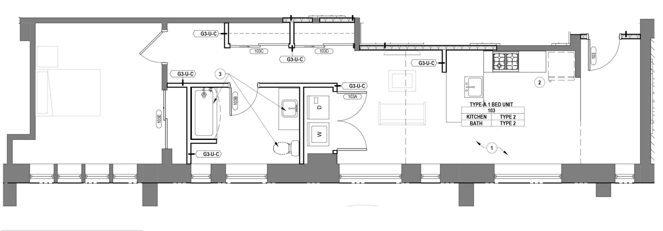 Sleek 1-bedroom apartment floor plan with open living space, modern kitchen, and well-appointed bathroom.