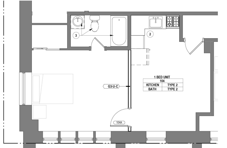 Modern 1 bedroom floor plan showcasing an open-concept living area, sleek kitchen, and well-appointed bathroom.