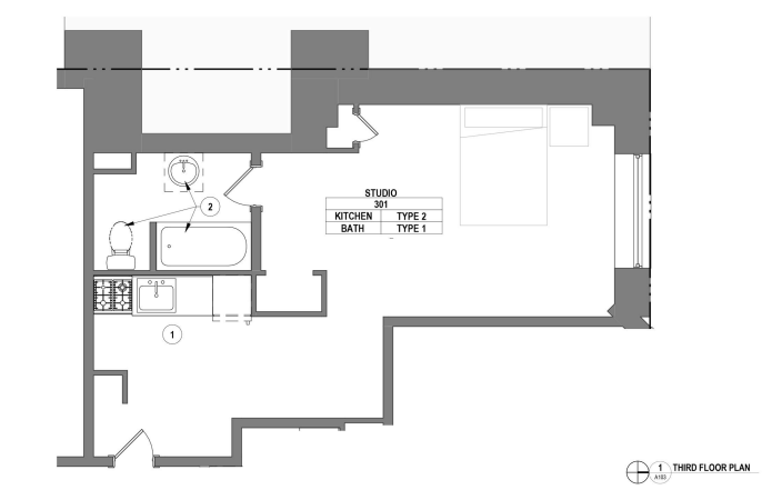 Modern third-floor studio floor plan featuring a cozy kitchen, Type 1 bath, and Type 2 living space layout.