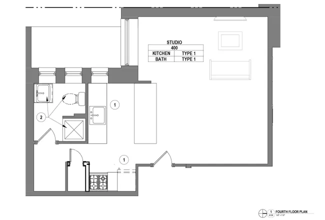 Innovative studio apartment floor plan featuring an efficient layout with a cozy kitchen, bathroom, and ample living space on the fourth floor.