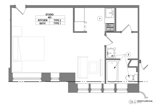 Modern studio apartment floor plan with spacious living area, type 2 kitchen, and type 1 bathroom on the fourth floor.
