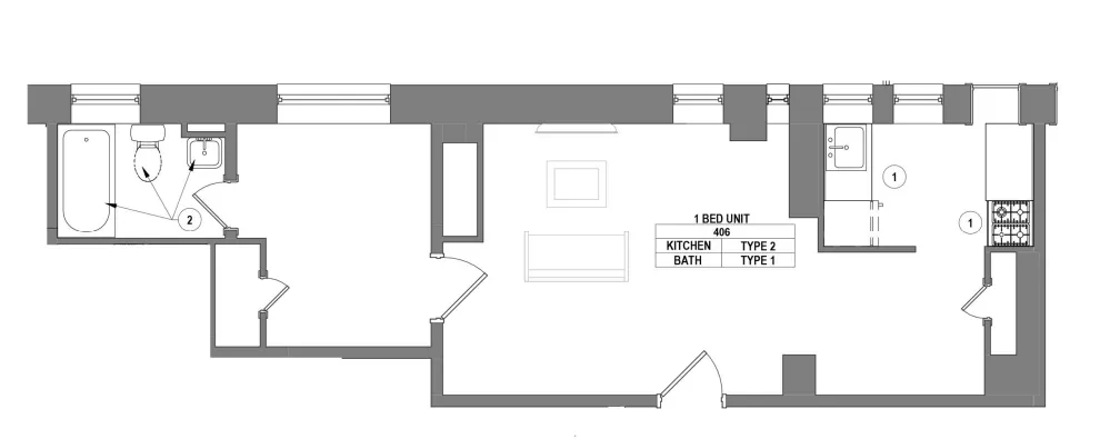Modern floor plan featuring a 1-bedroom unit with open-concept kitchen and living area, plus a spacious bathroom. Ideal for contemporary living.