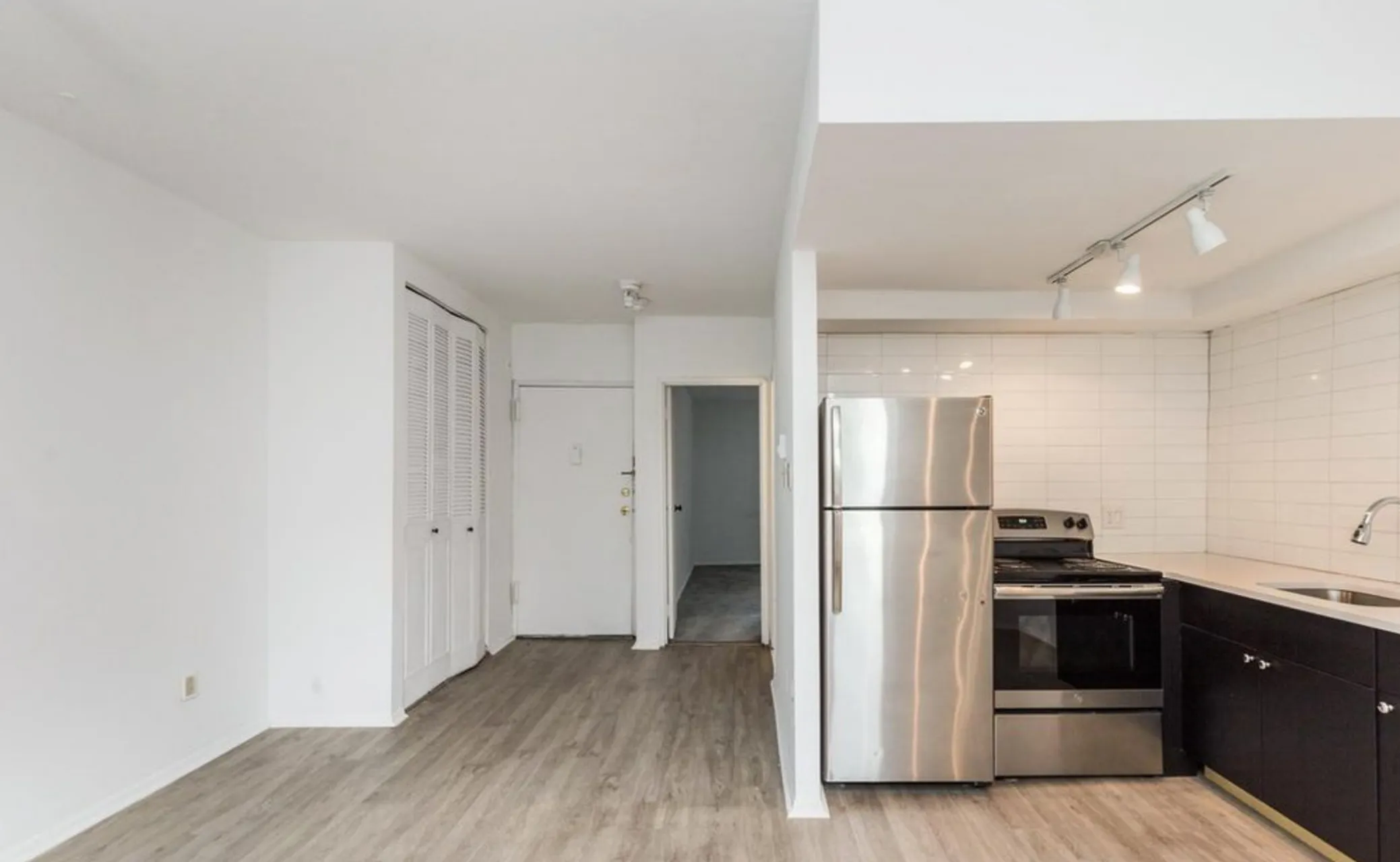 Modern kitchen with stainless steel appliances, sleek dark cabinetry, and stylish lighting on light wood flooring.