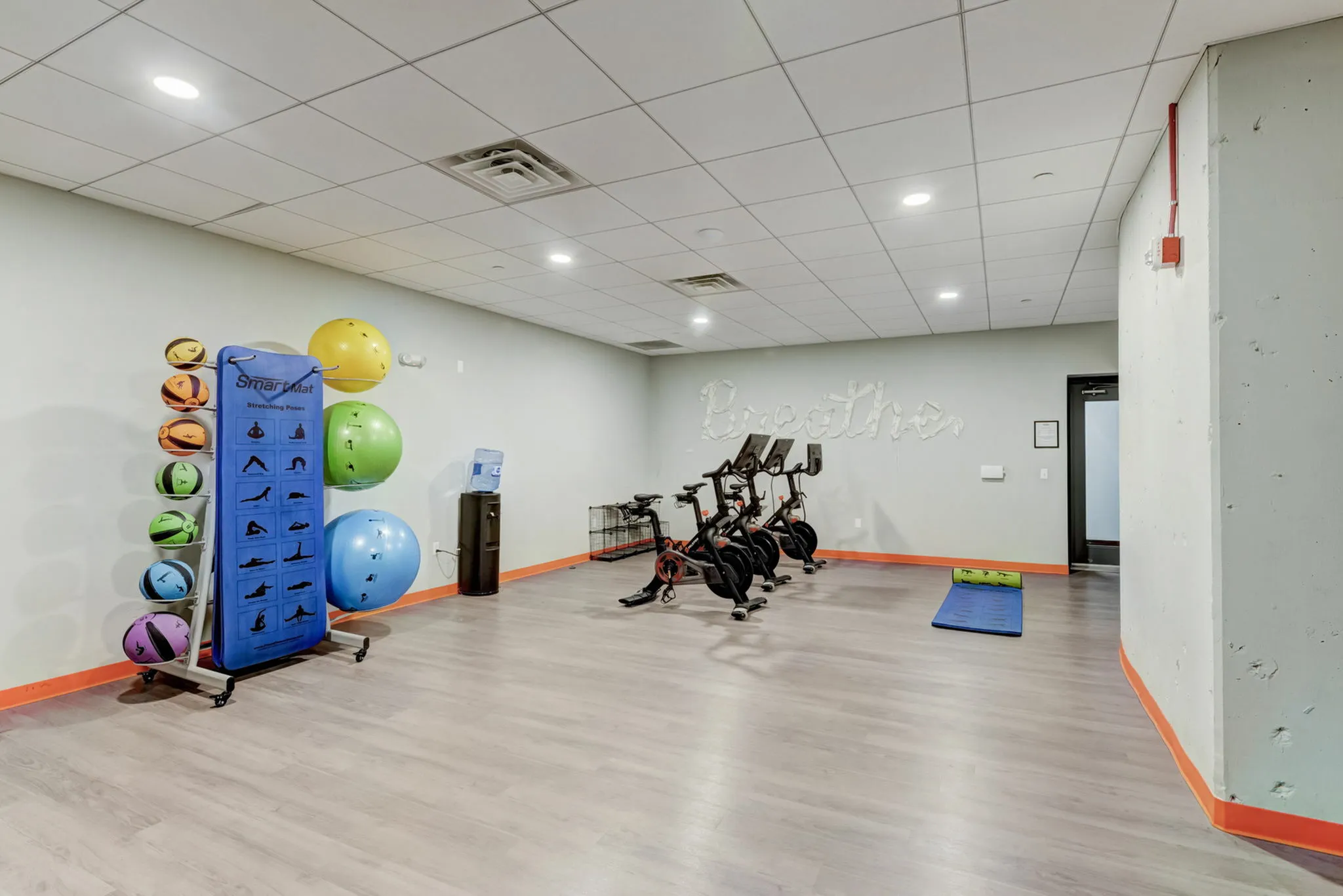 Inviting fitness room with exercise bikes, colorful balance balls, and yoga mats on sleek wooden flooring, perfect for wellness enthusiasts.