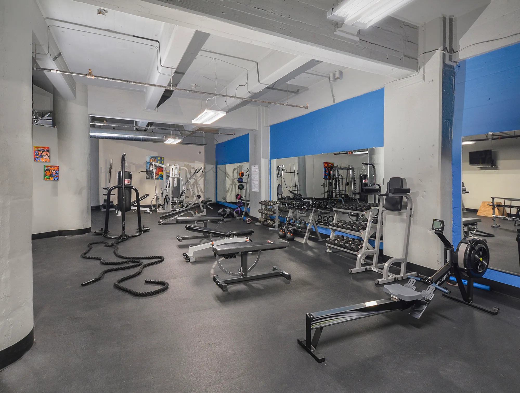 Modern apartment gym with state-of-the-art equipment, including rowing machines, free weights, and strength training stations.