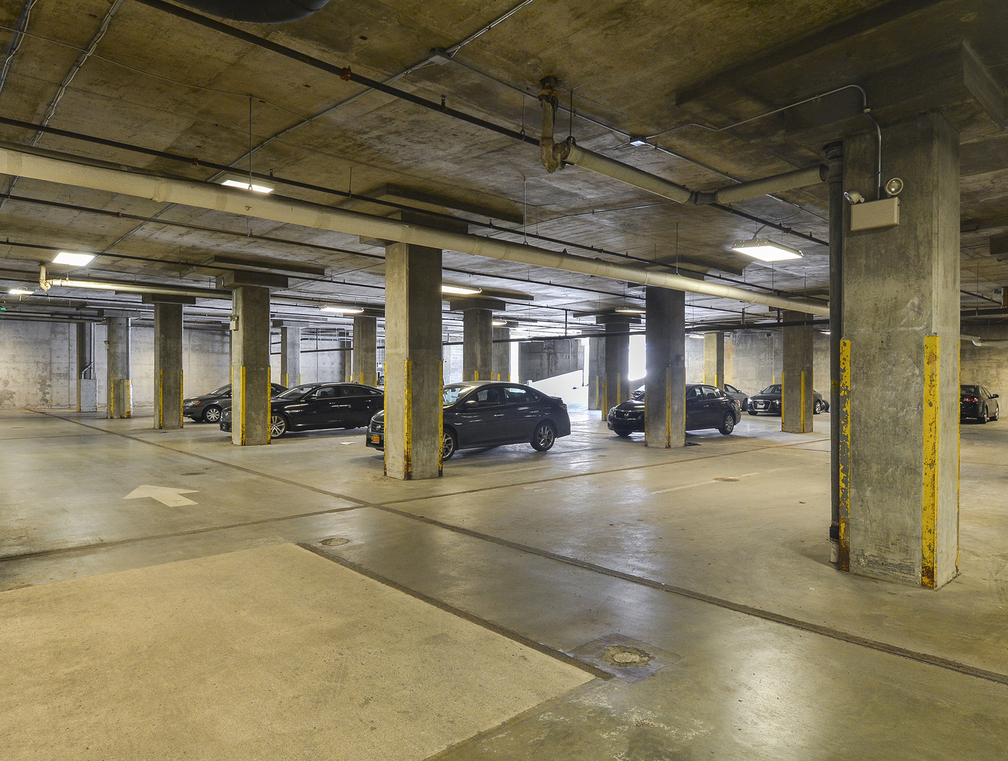 Spacious underground parking garage with ample lighting and organized parking spaces, showcasing convenient and secure vehicle storage options.