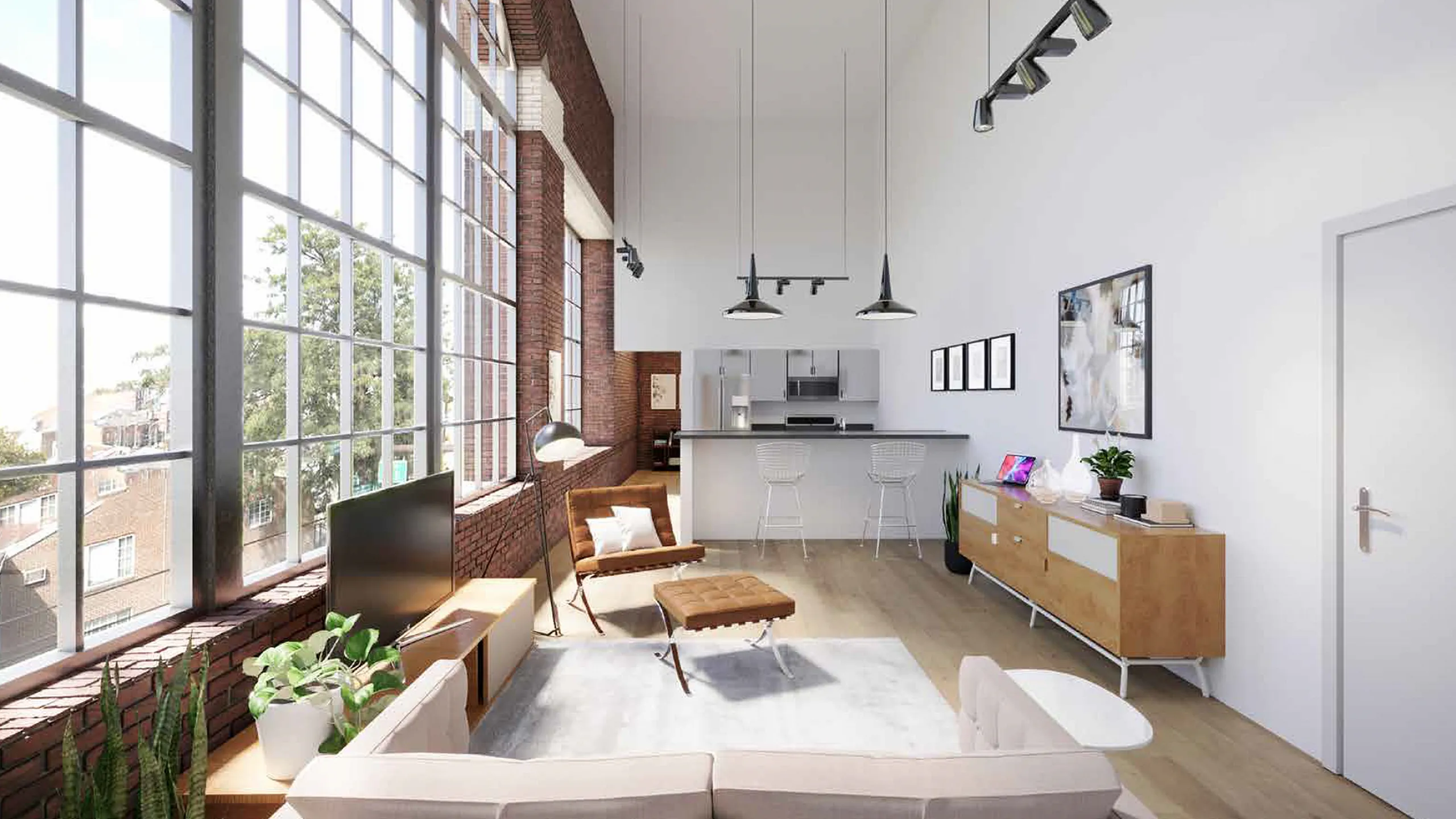 Stunning modern apartment featuring high ceilings, expansive floor-to-ceiling windows, and an open-concept living area with a sleek kitchen design.