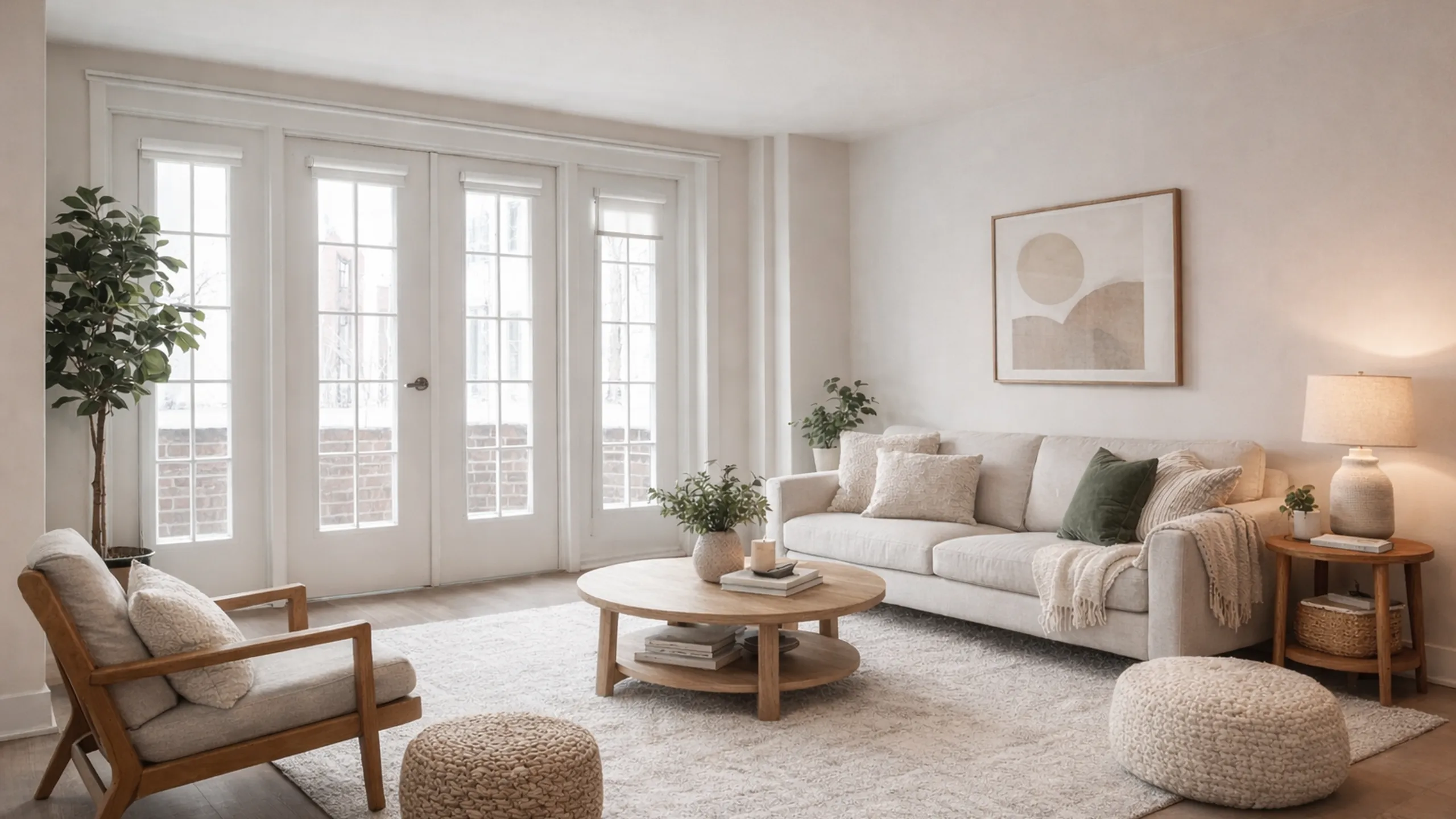 Inviting living room with elegant neutral tones, featuring a cozy sofa, chic armchair, and natural light from large French doors.
