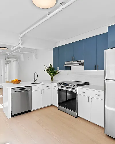 Chic modern kitchen featuring white and blue cabinetry, stainless steel appliances, and elegant wooden flooring.
