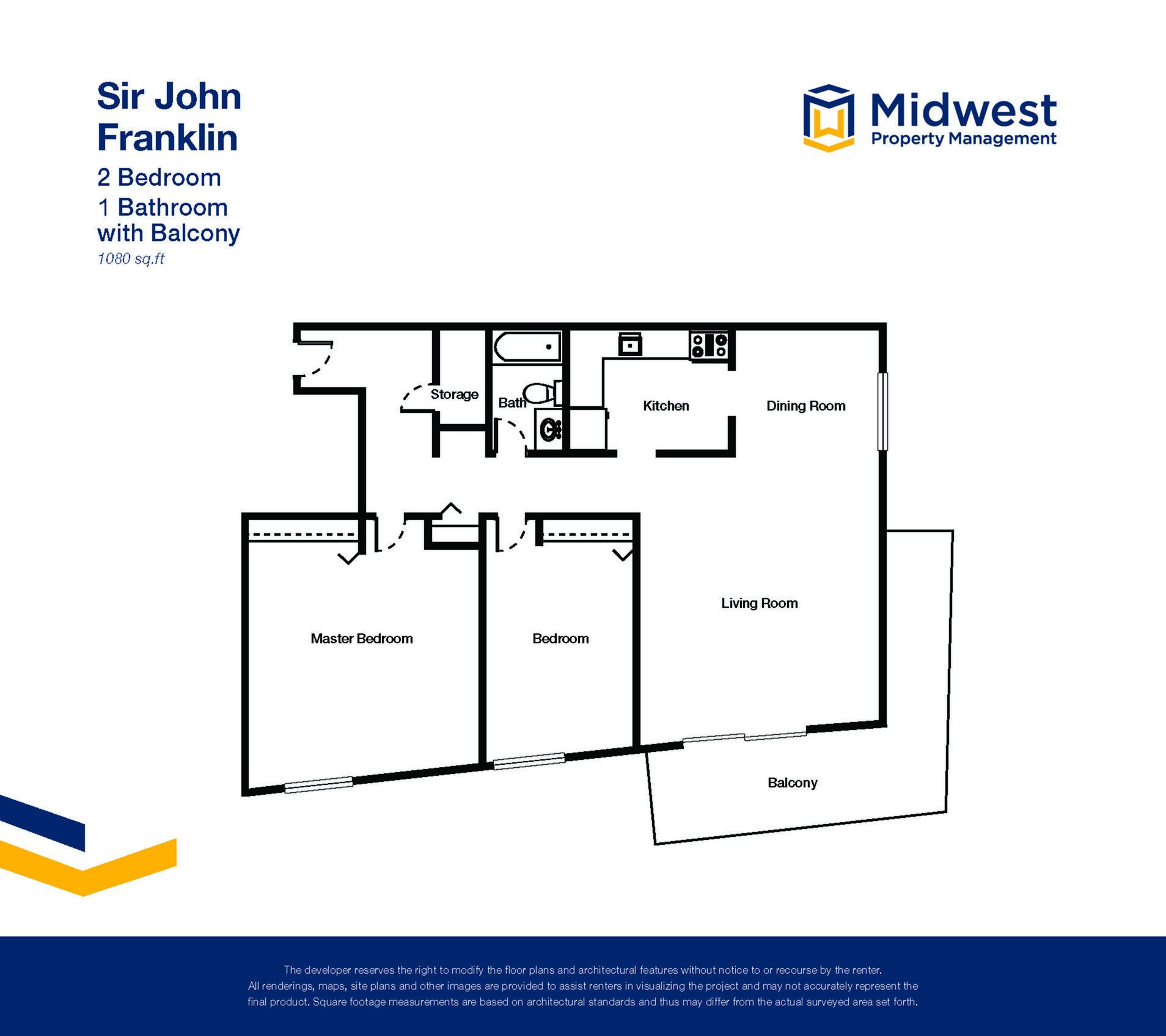 Charming Sir John Franklin 2-bedroom floor plan with 1 bathroom, featuring a spacious living room, dining room, and balcony for modern living in 1080 sq ft.