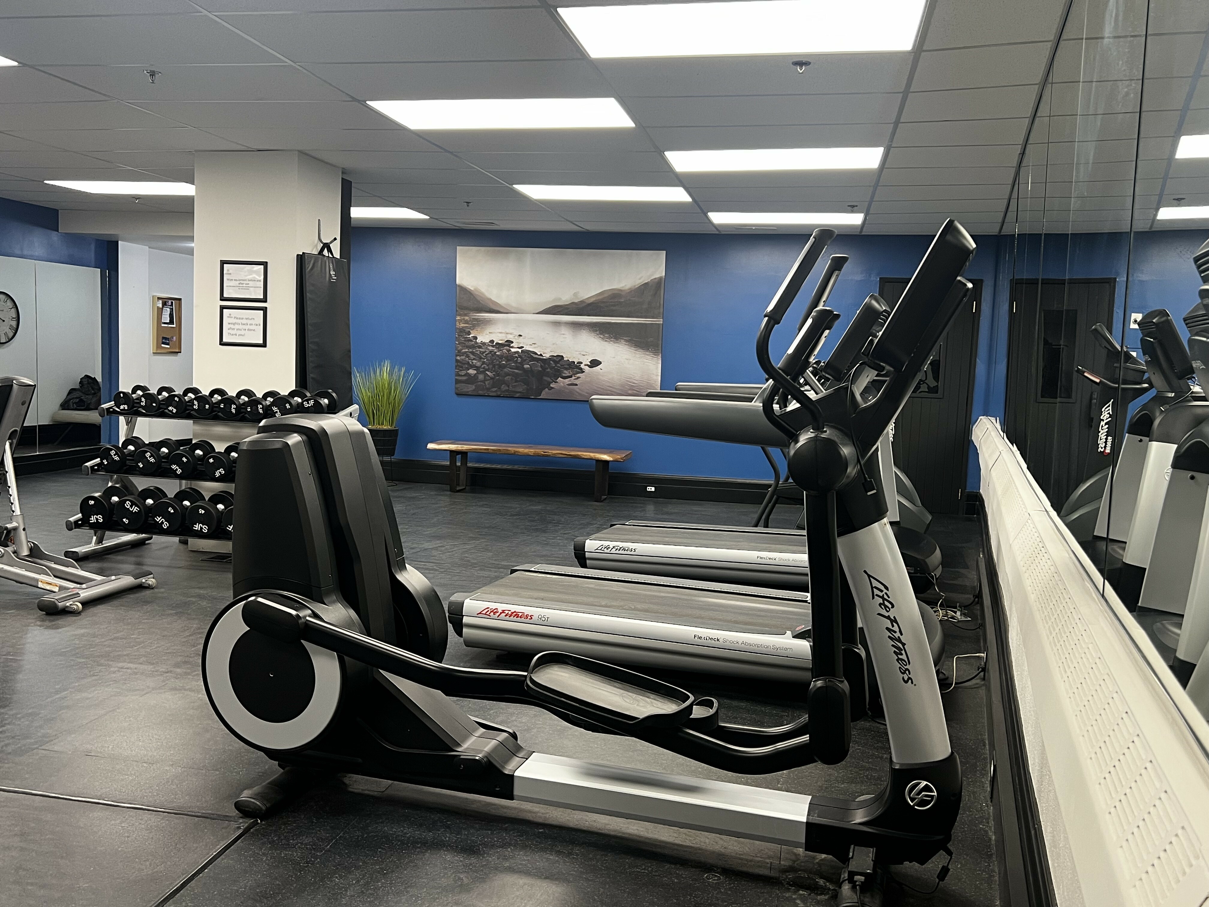 Modern fitness center featuring state-of-the-art treadmills, elliptical machines, and a full set of dumbbells, set against a sleek blue and white color scheme.