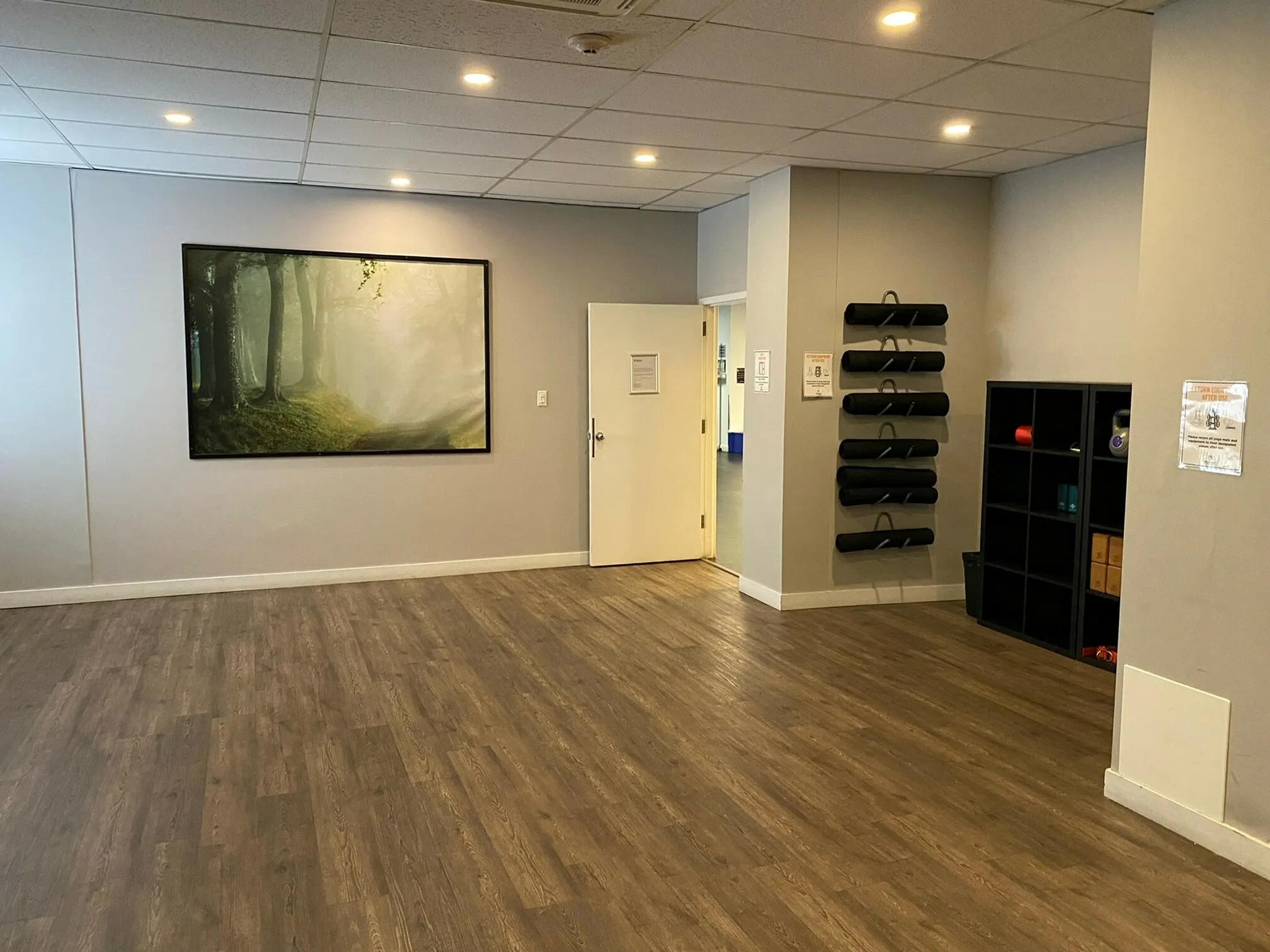 Bright and inviting entryway with sleek wood flooring, modern art, and versatile storage - perfect for welcoming guests to your stylish apartment.