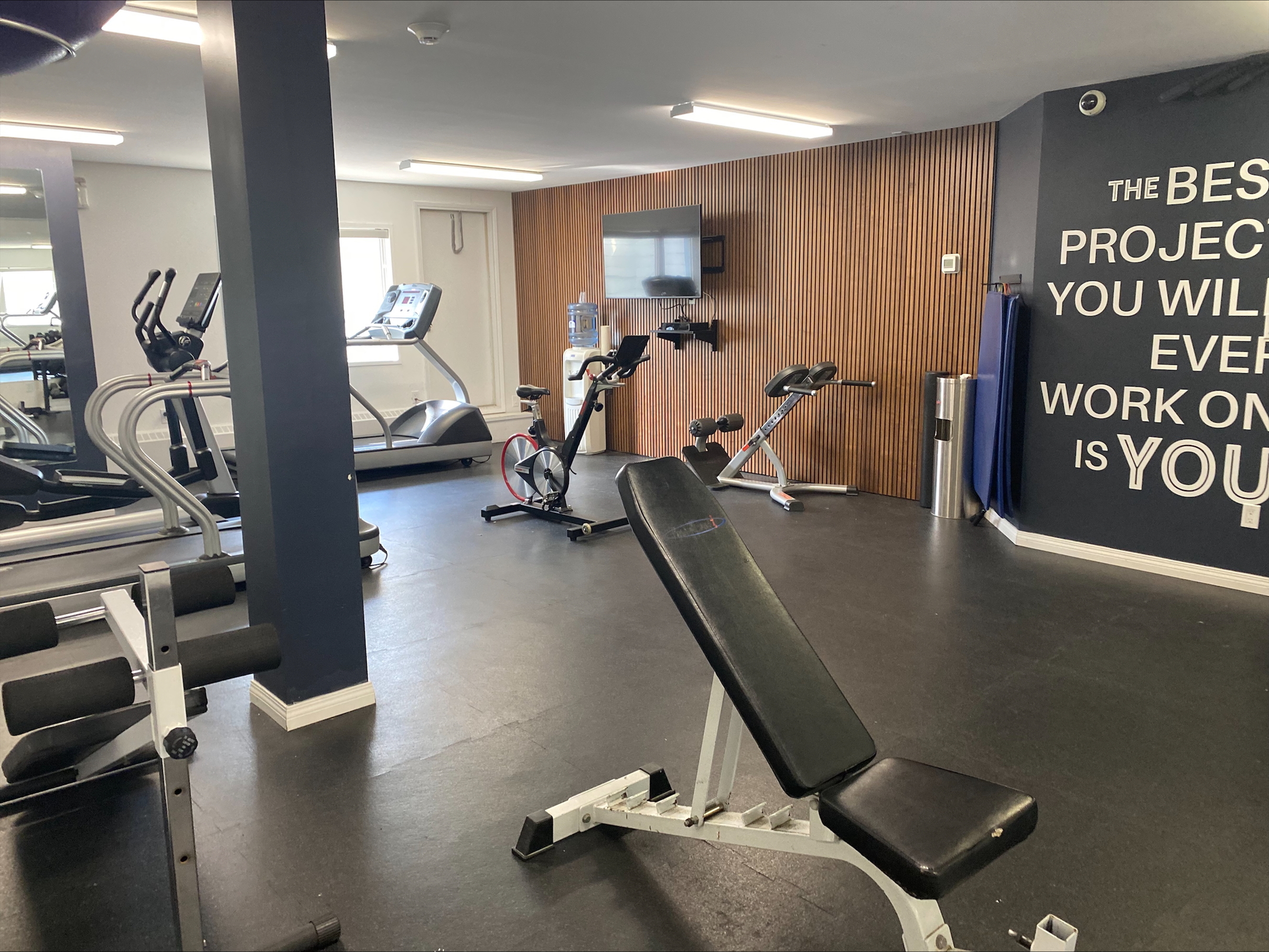 Modern gym with state-of-the-art equipment, motivational wall art, and sleek design for an inspiring workout experience.