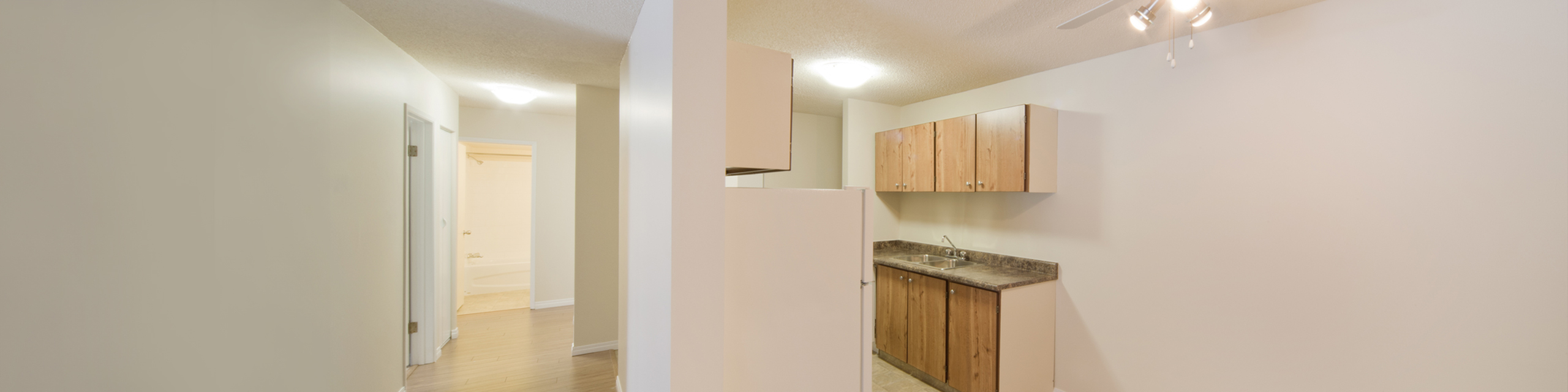 Contemporary apartment layout featuring a sleek galley kitchen with wooden cabinets, leading to an inviting hallway with a glimpse of a modern bathroom.