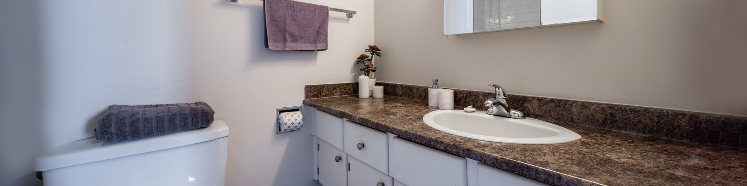 Elegant bathroom with a granite countertop, stylish fixtures, and tasteful decor for a modern touch.