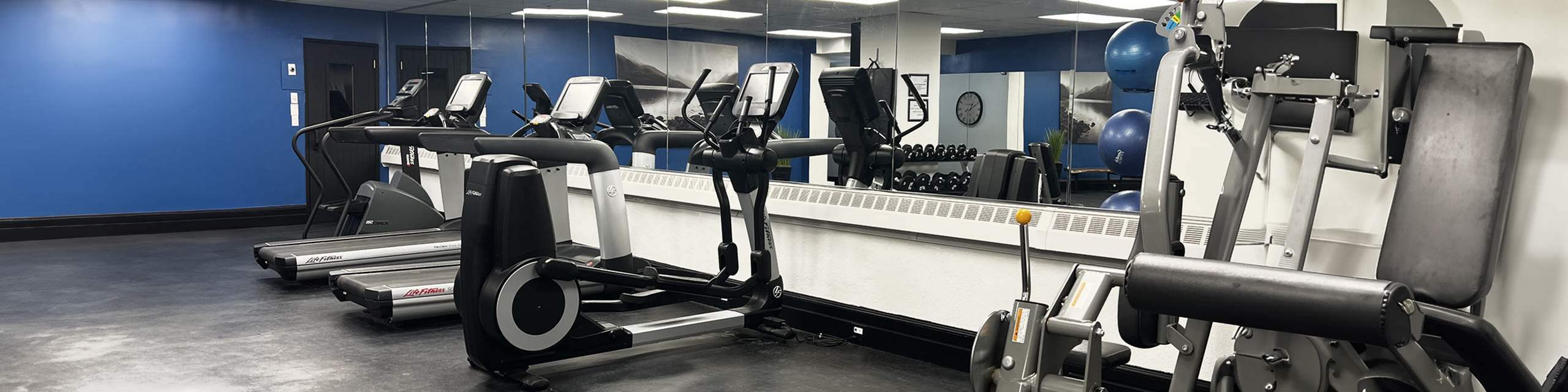 Modern gym facility featuring state-of-the-art treadmills, elliptical machines, and versatile fitness equipment against a sleek blue wall and mirrored backdrop.