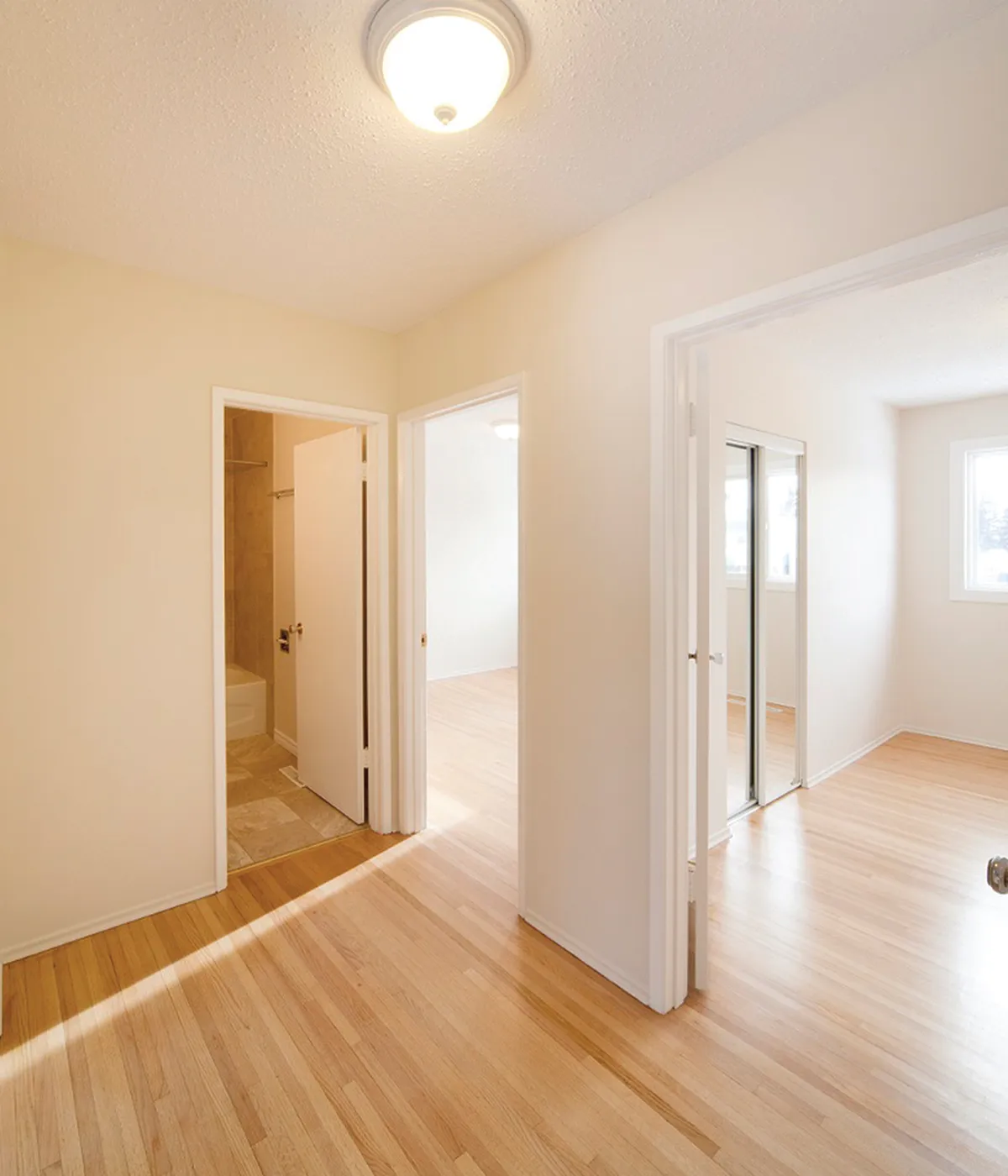 Bright hallway with elegant wooden floors leading to multiple rooms, showcasing a modern and inviting apartment space.