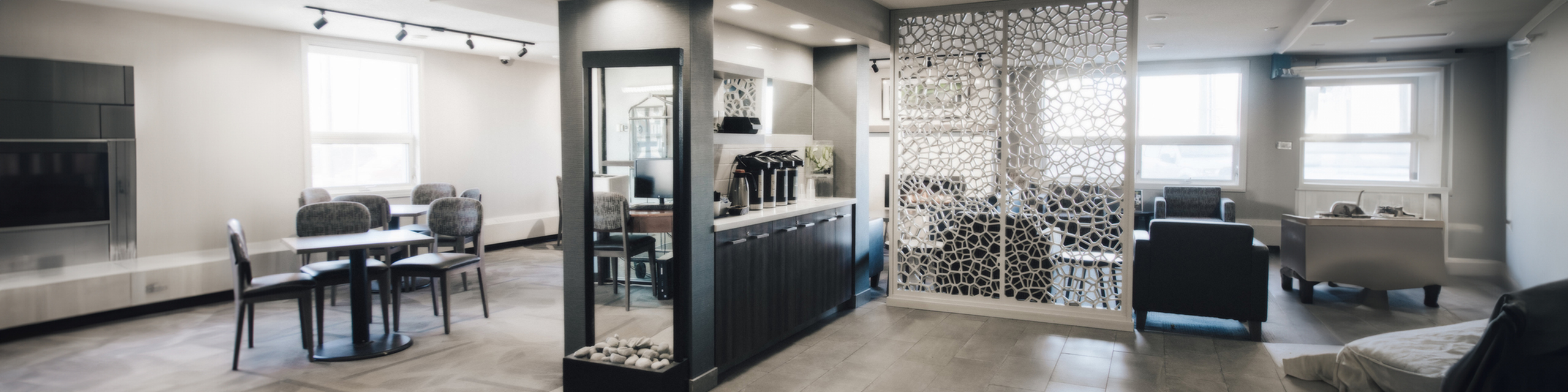 Elegant open-concept apartment featuring a modern living area, stylish dining space, and chic room divider, perfect for contemporary living.