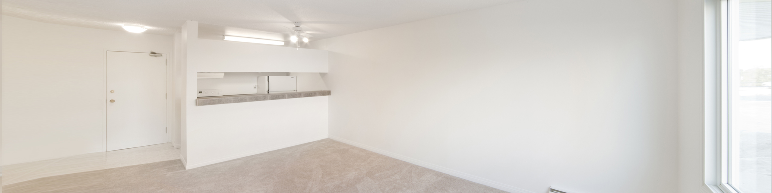 Bright and airy apartment living area with open layout and large window, perfect for modern living.