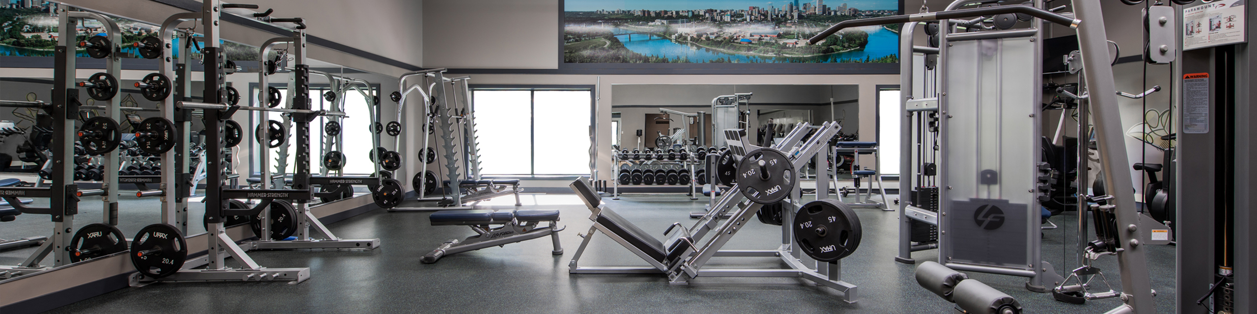 State-of-the-art fitness center equipped with modern weightlifting machines and a vibrant cityscape mural, offering an energizing workout atmosphere.
