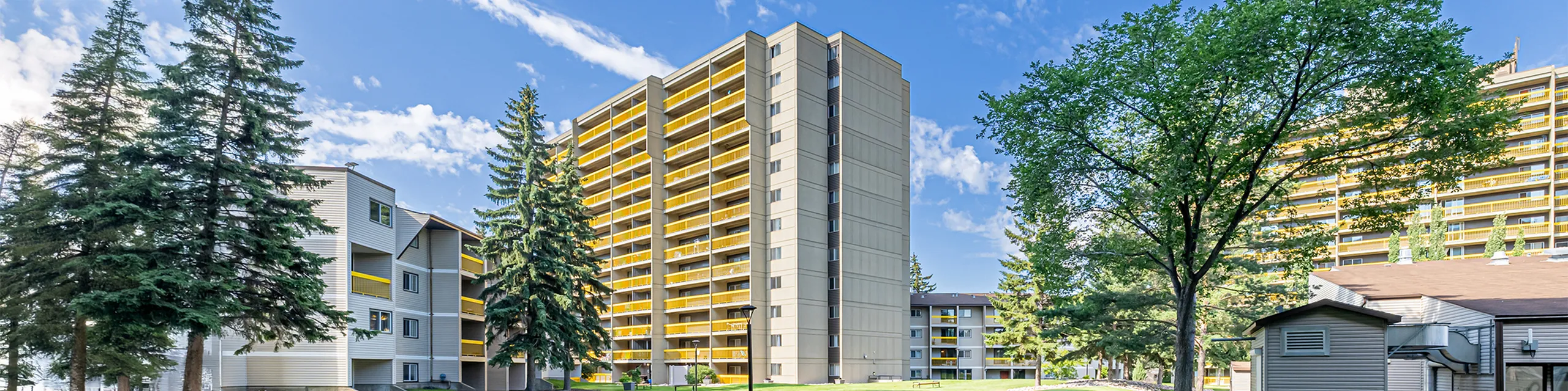 Bright and inviting apartment complex surrounded by lush trees and vibrant blue skies, offering modern living in a serene environment.