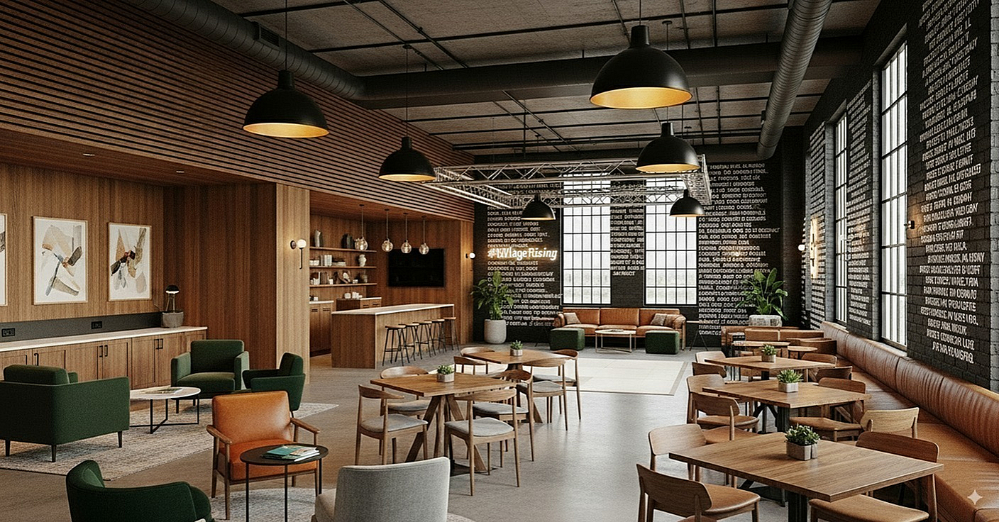 Contemporary communal space with chic industrial design, featuring stylish lighting, comfortable seating, and an inviting atmosphere perfect for social gatherings.