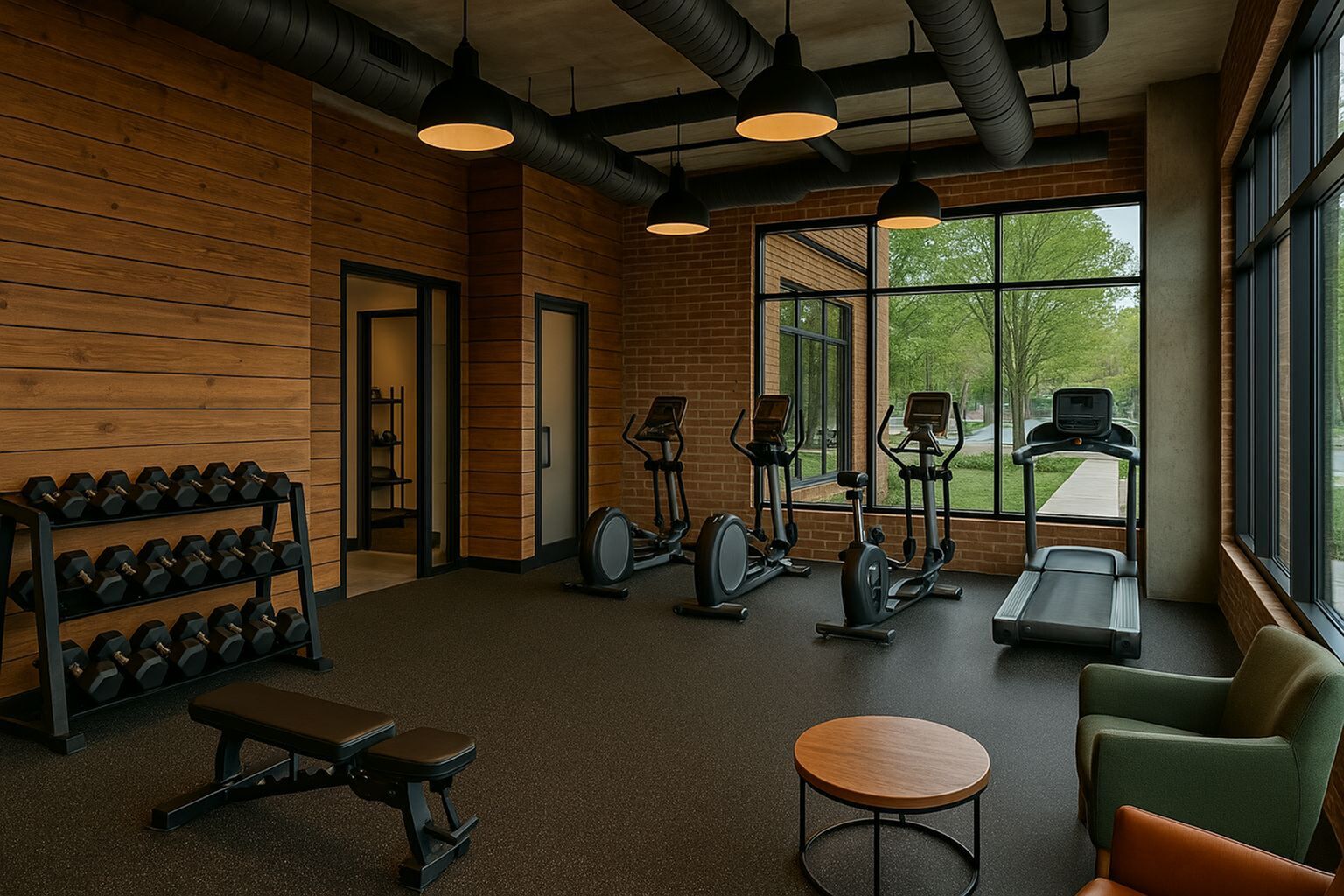 Contemporary fitness center with state-of-the-art exercise equipment, sleek wooden accents, and panoramic windows offering scenic views.