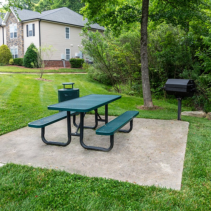 Serene outdoor space with picnic table and grill set against lush greenery and residential backdrop.