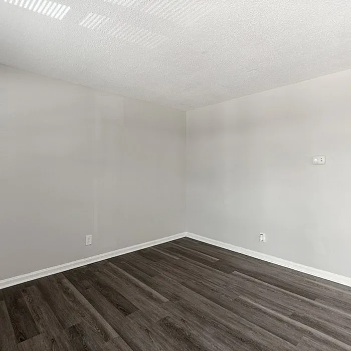 Sleek empty room with dark wood flooring and light gray walls, showcasing modern simplicity.